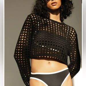 Oak and Fort CROPPED CROCHET SWEATER Black